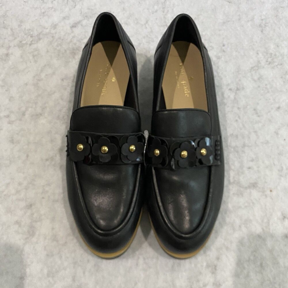 kate spade Black Leather Floral-Accent Loafers